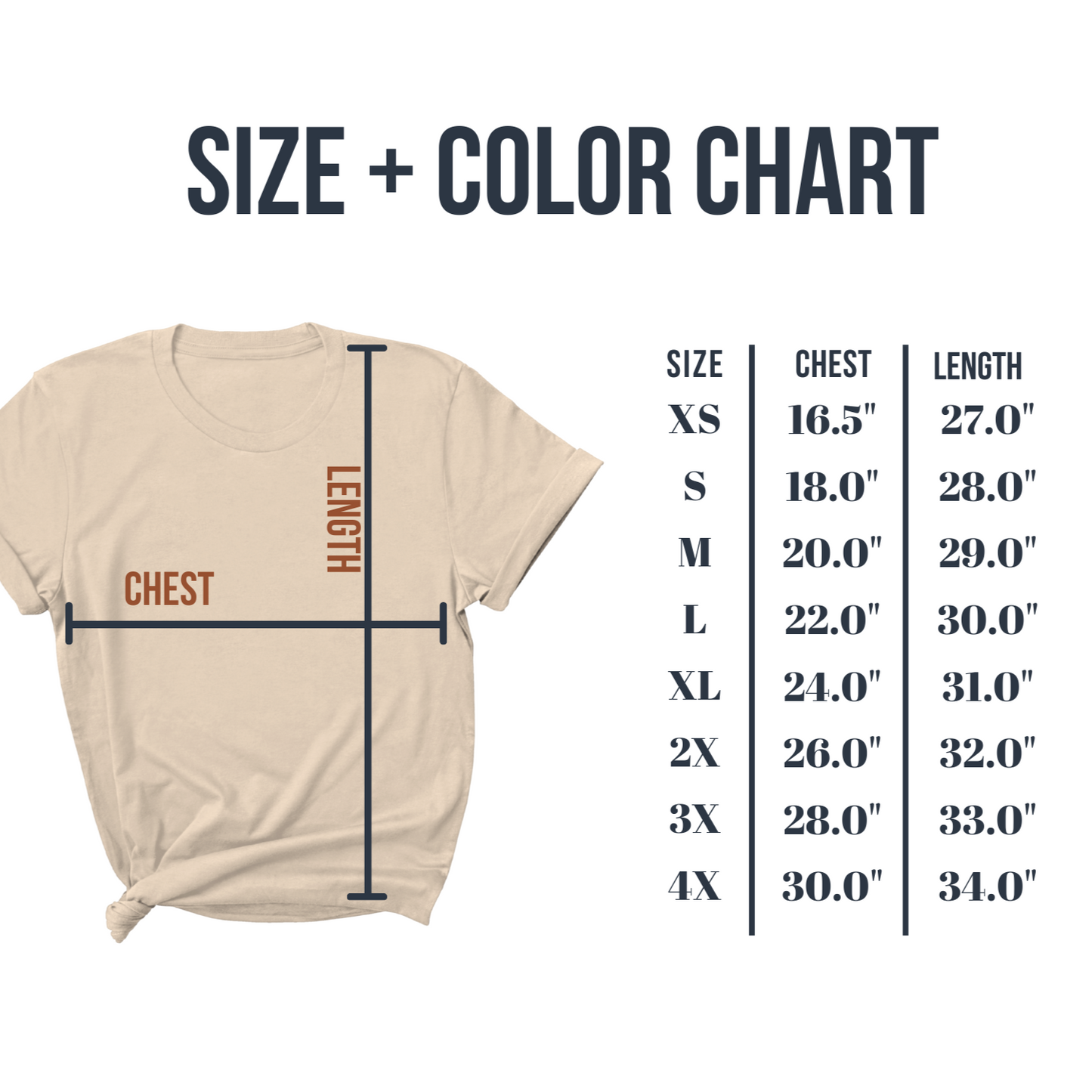 Beige t-shirt with size and color chart on a white background