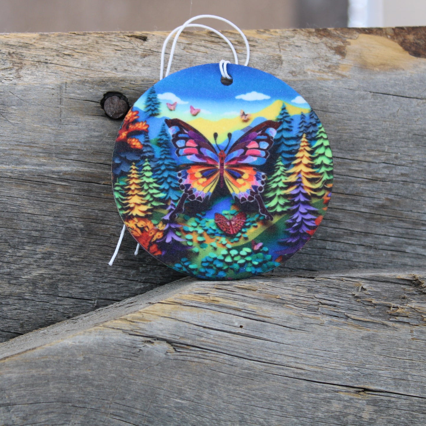 Vibrant Woodsy Butterfly Re-Scentable Round Car Freshener