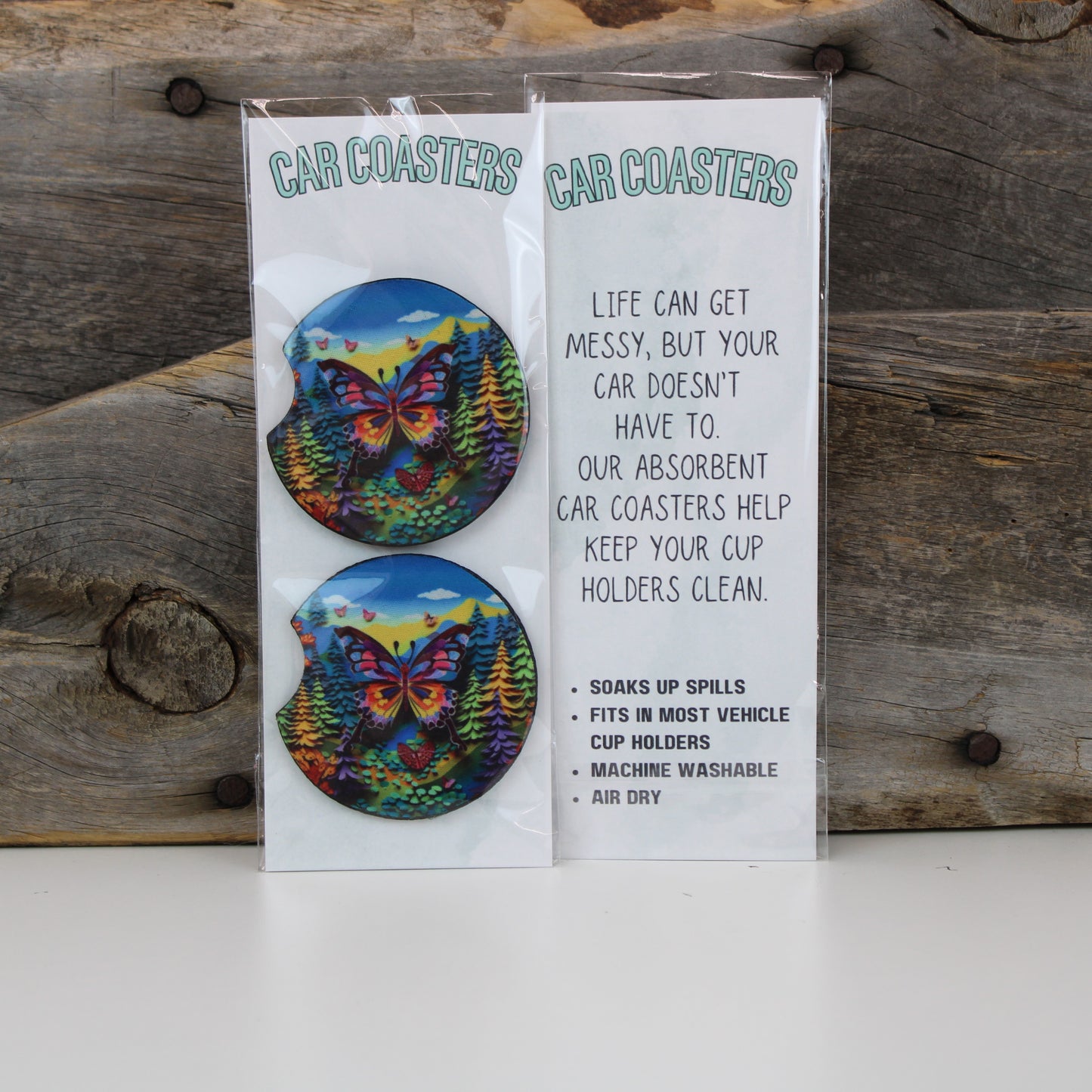 Vibrant Woodsy Butterfly Car Coasters