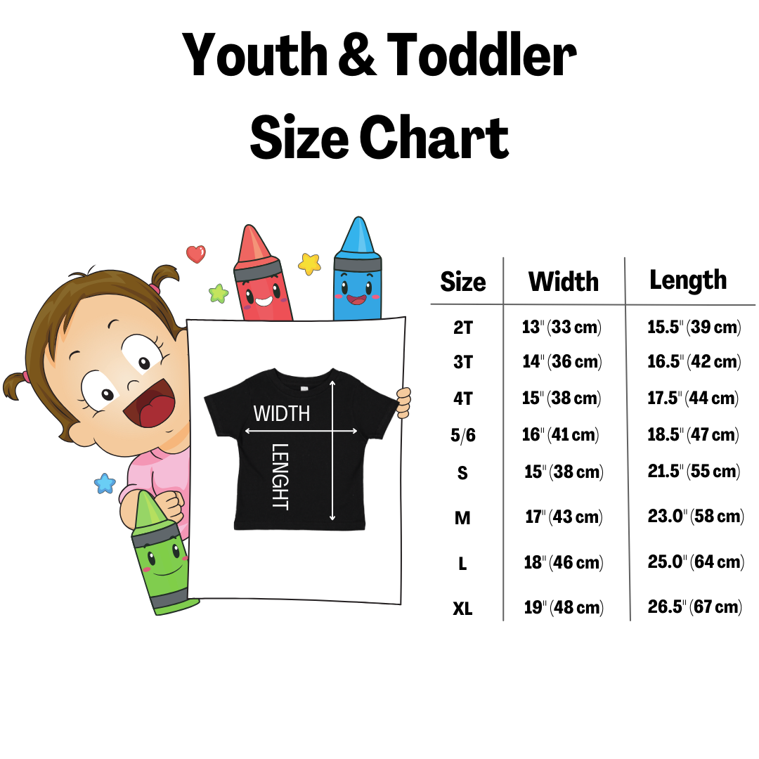 Size chart for youth and toddler clothing with a cartoon girl holding a t-shirt.