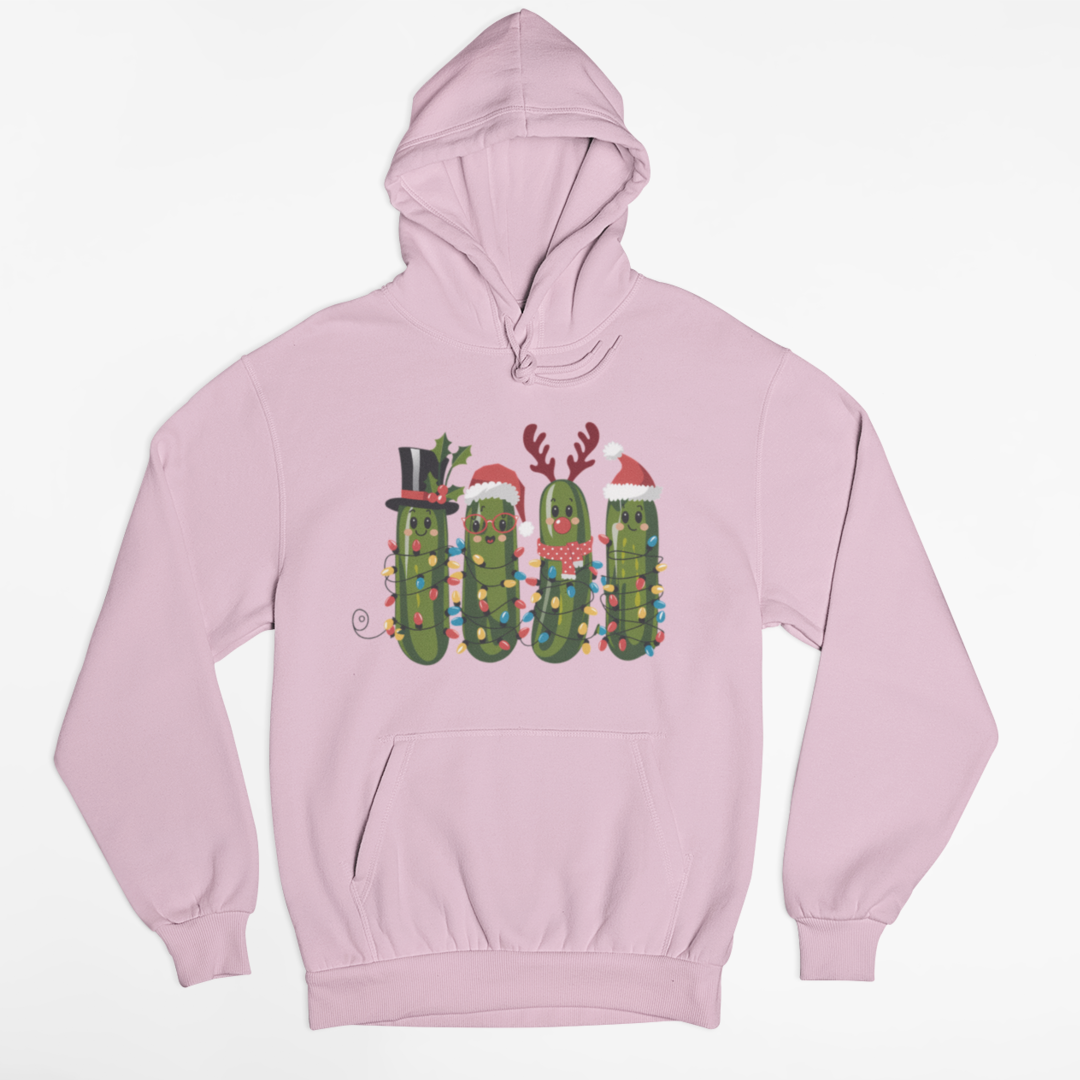 Pink hoodie with festive pickle design on a white background