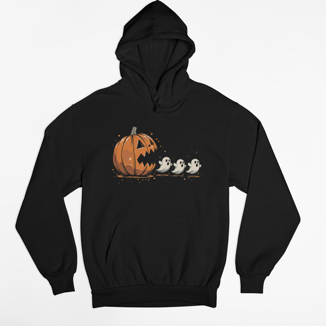 Black hoodie with a Halloween graphic showing a jack-o’-lantern pumpkin chasing three cute ghosts.