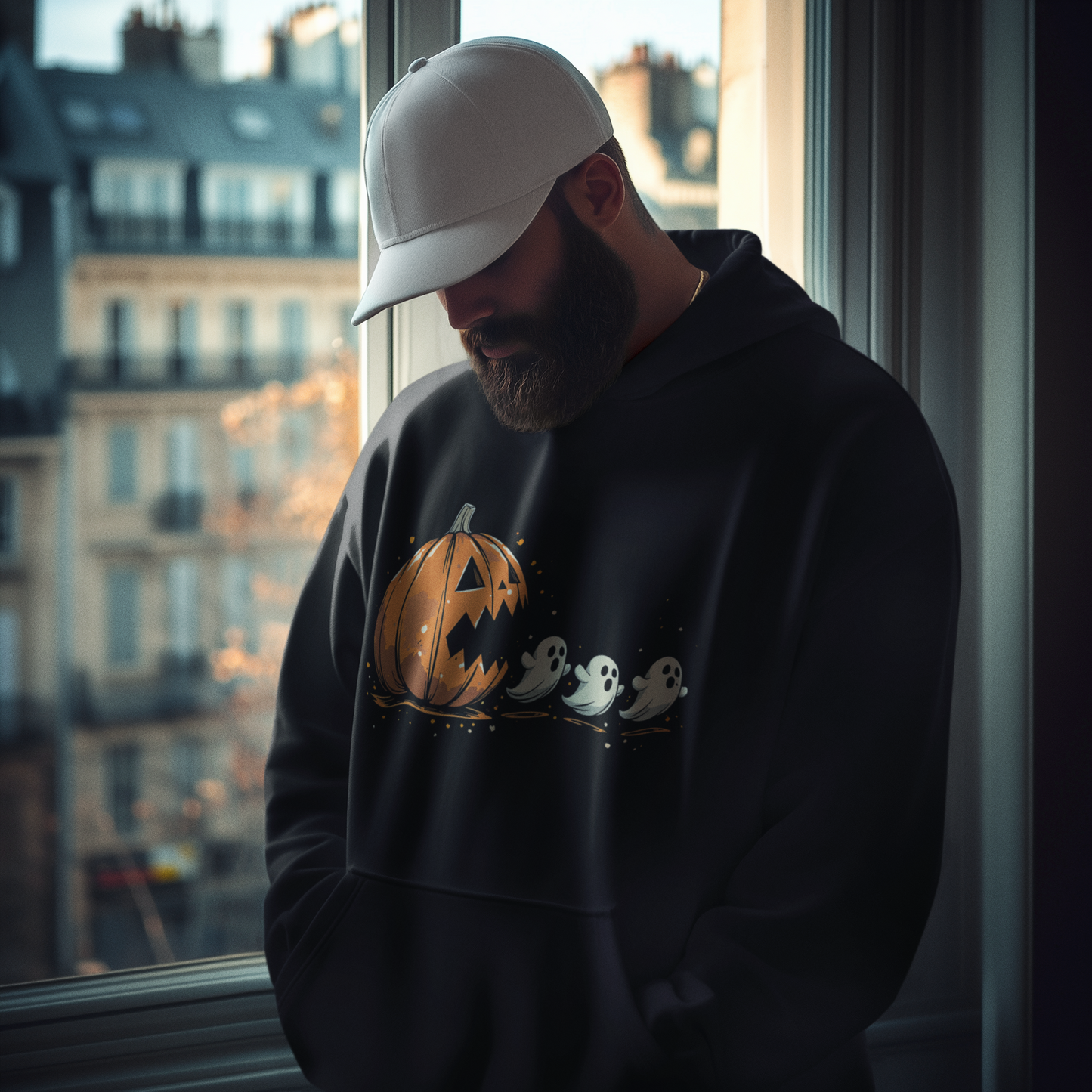 Bearded man wearing a black hoodie with a Halloween graphic of a jack-o’-lantern chasing three cartoon ghosts, standing by a window in an urban apartment setting