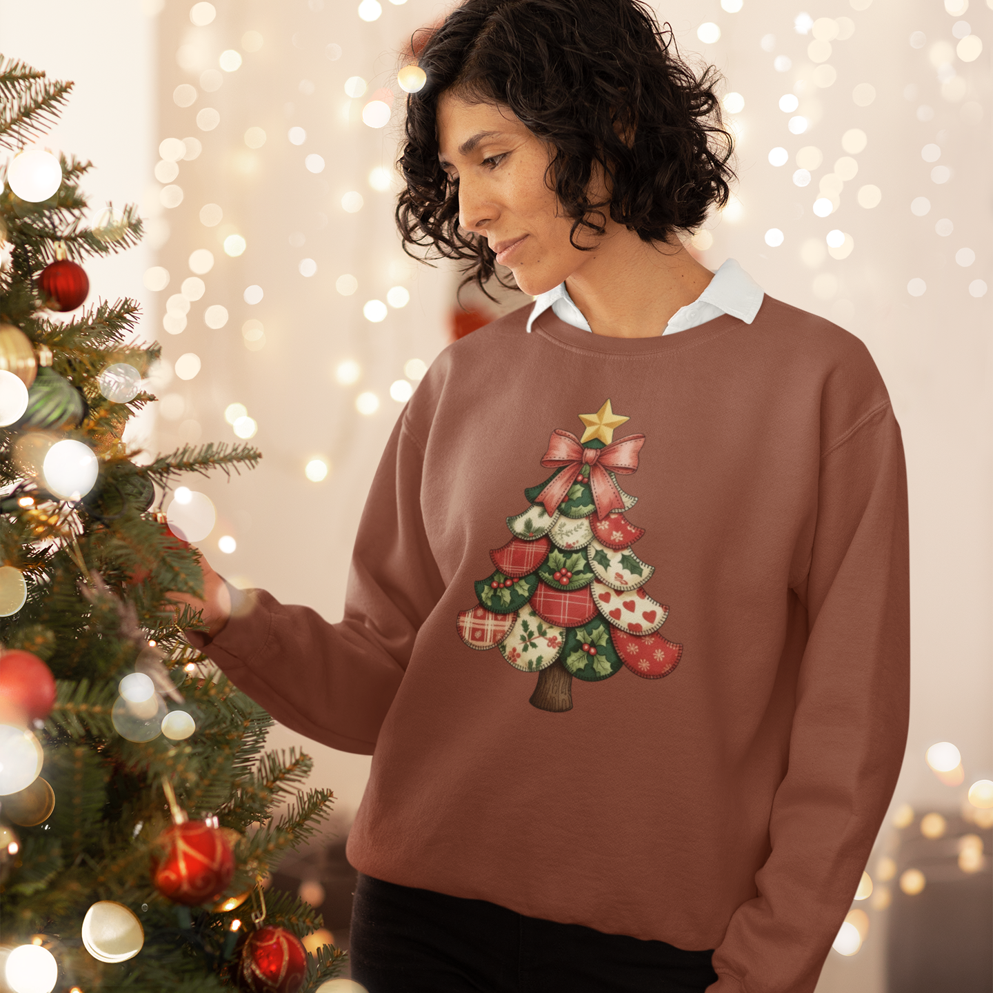 Patchwork Holiday Tree Graphic Sweatshirt