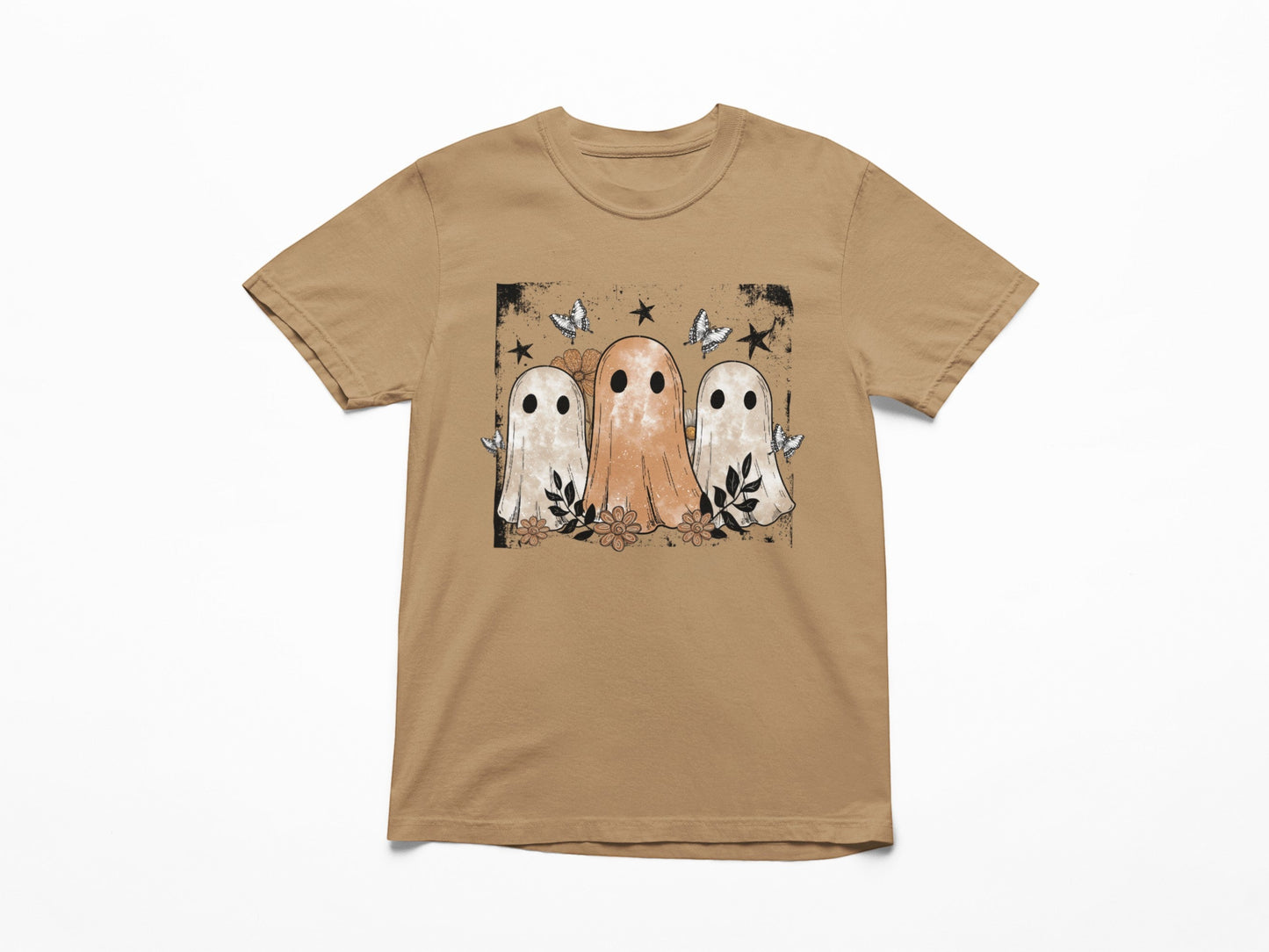 Tea-Shirt Shoppe tan youth graphic tee featuring a vintage illustration of three ghosts with flowers and butterflies.