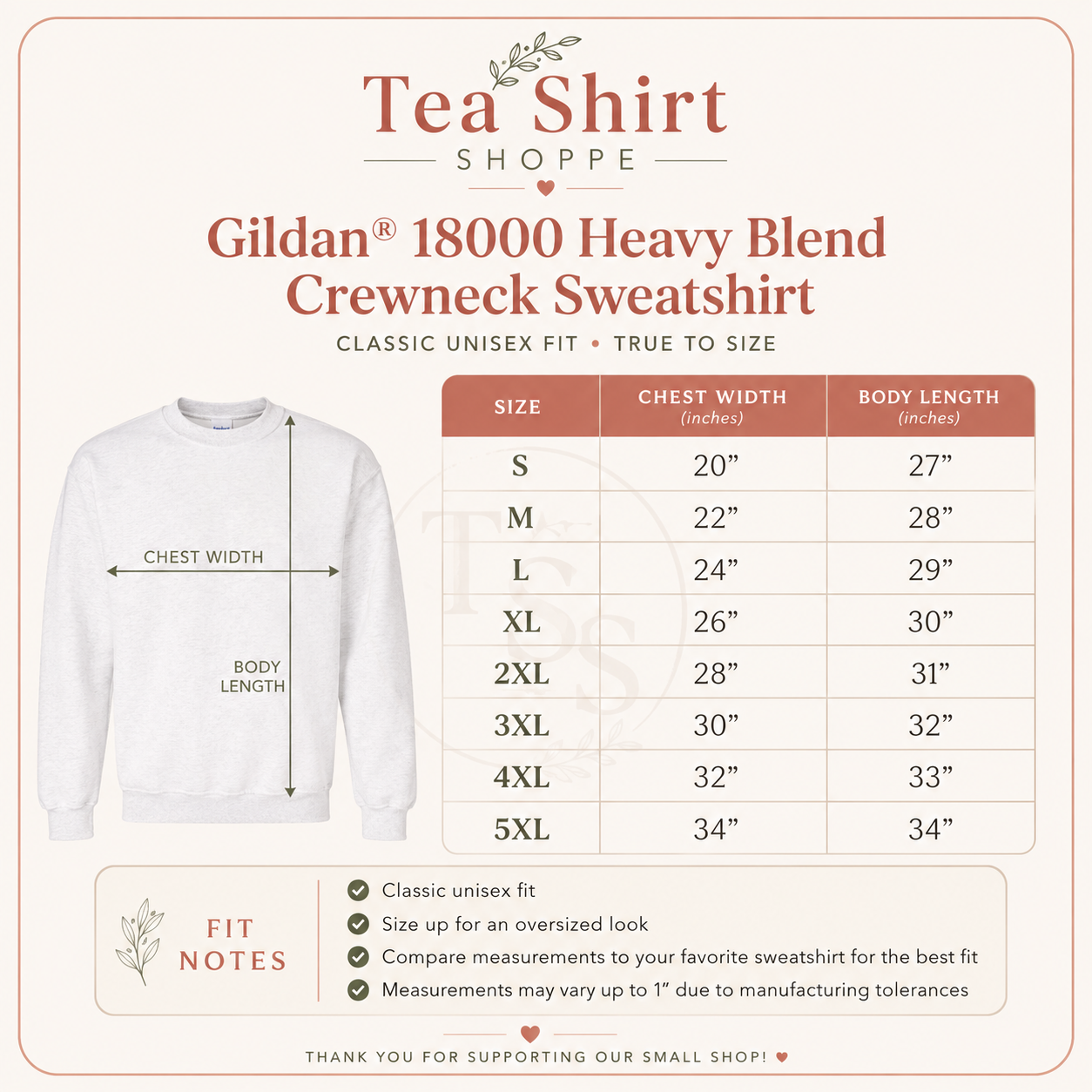 Tea Shirt Shoppe Wholesale Gildan 18000 heavy blend crewneck sweatshirt size chart with measurements