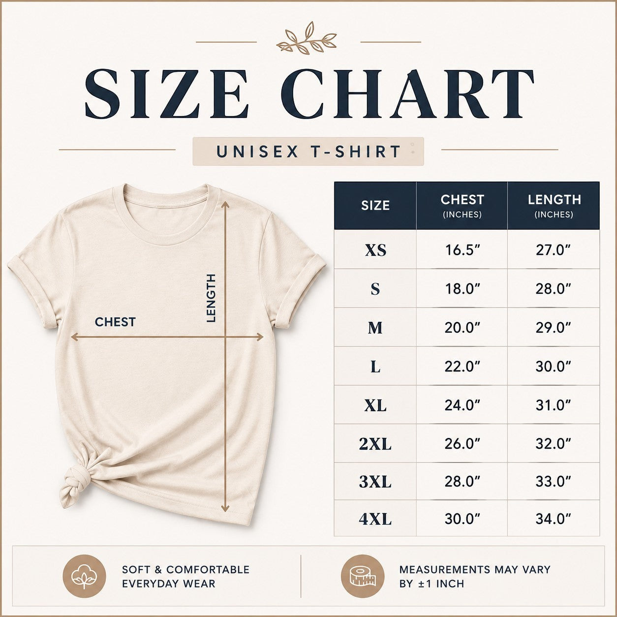 Tea Shirt Shoppe Wholesale Lator Alligator graphic tee size chart for unisex t-shirts. Shows chest and length measurements in inches.
