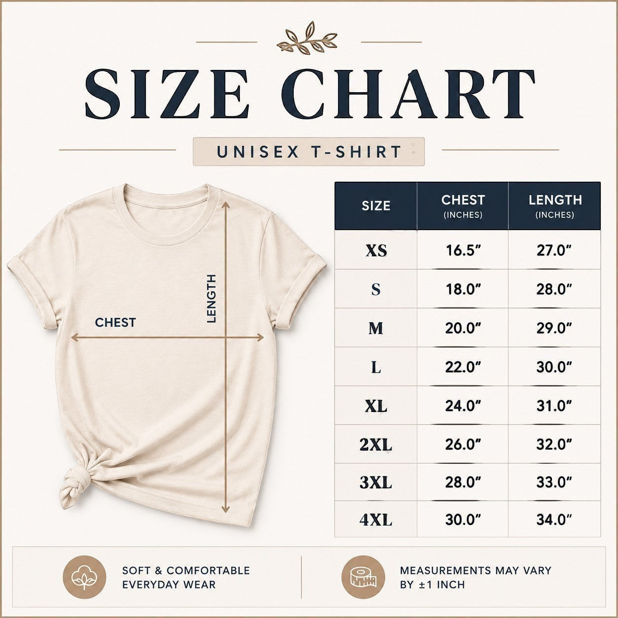Tea Shirt Shoppe Wholesale unisex t-shirt size chart with chest and length measurements in inches for sizes XS to 4XL.
