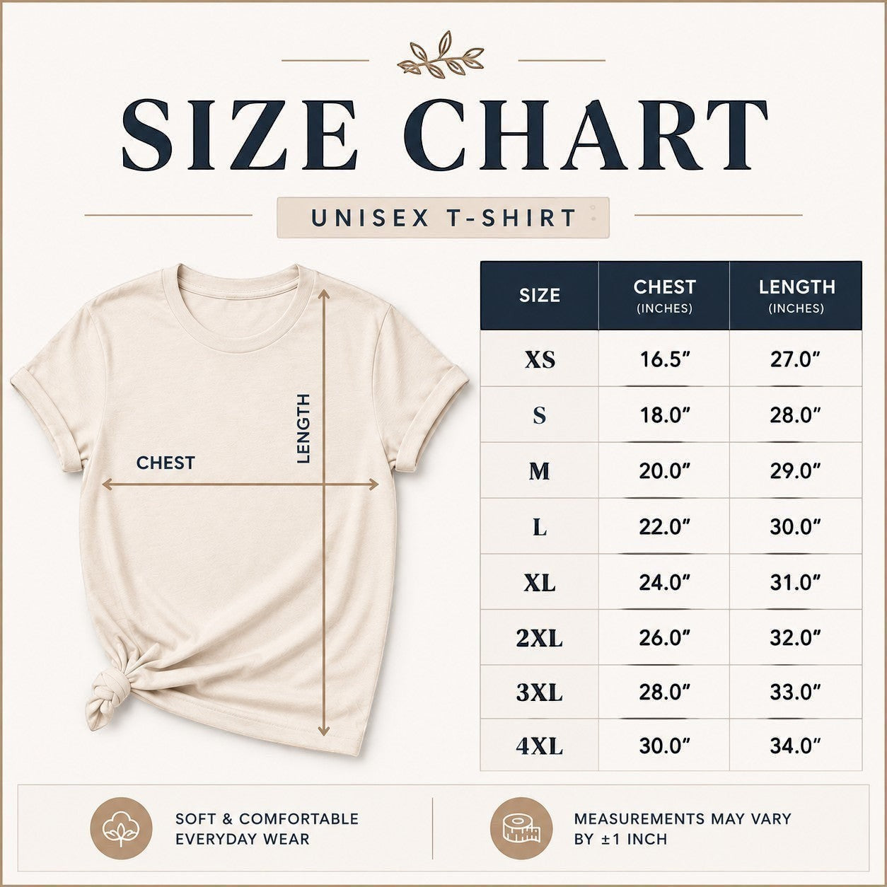 Tea Shirt Shoppe Wholesale unisex t-shirt size chart with measurements for chest and length from XS to 4XL