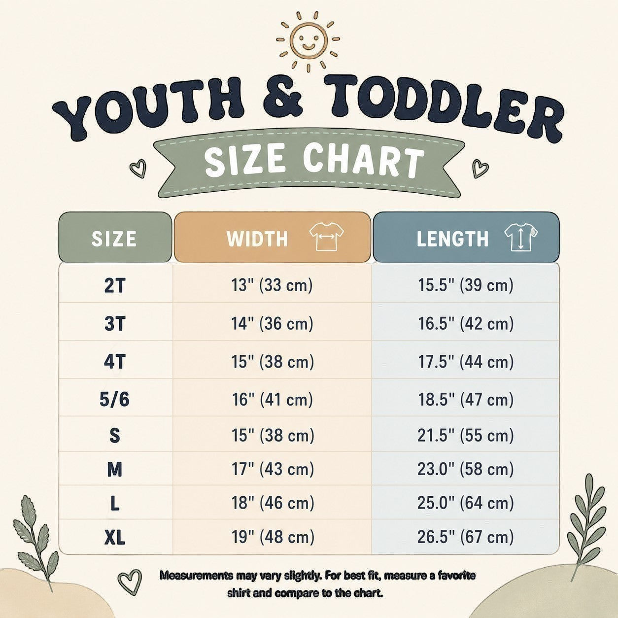 Tea Shirt Shoppe Wholesale youth and toddler t-shirt size chart with width and length measurements in inches and cm.