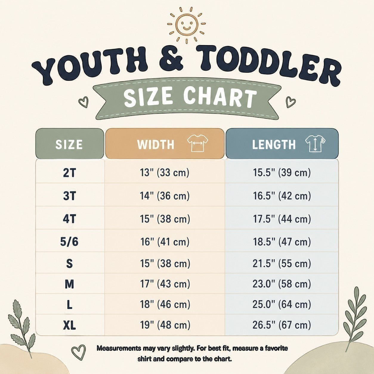 Tea Shirt Shoppe Wholesale youth and toddler size chart for retro graphic t-shirts with width and length measurements.