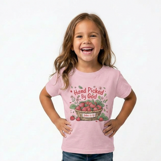 Young girl wearing a pink t-shirt with a graphic design on a white background