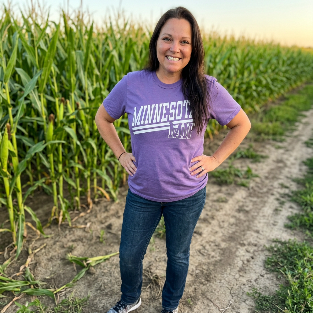 Woman wearing a purple 'Minnesota MN' t-shirt standing in a cornfield.