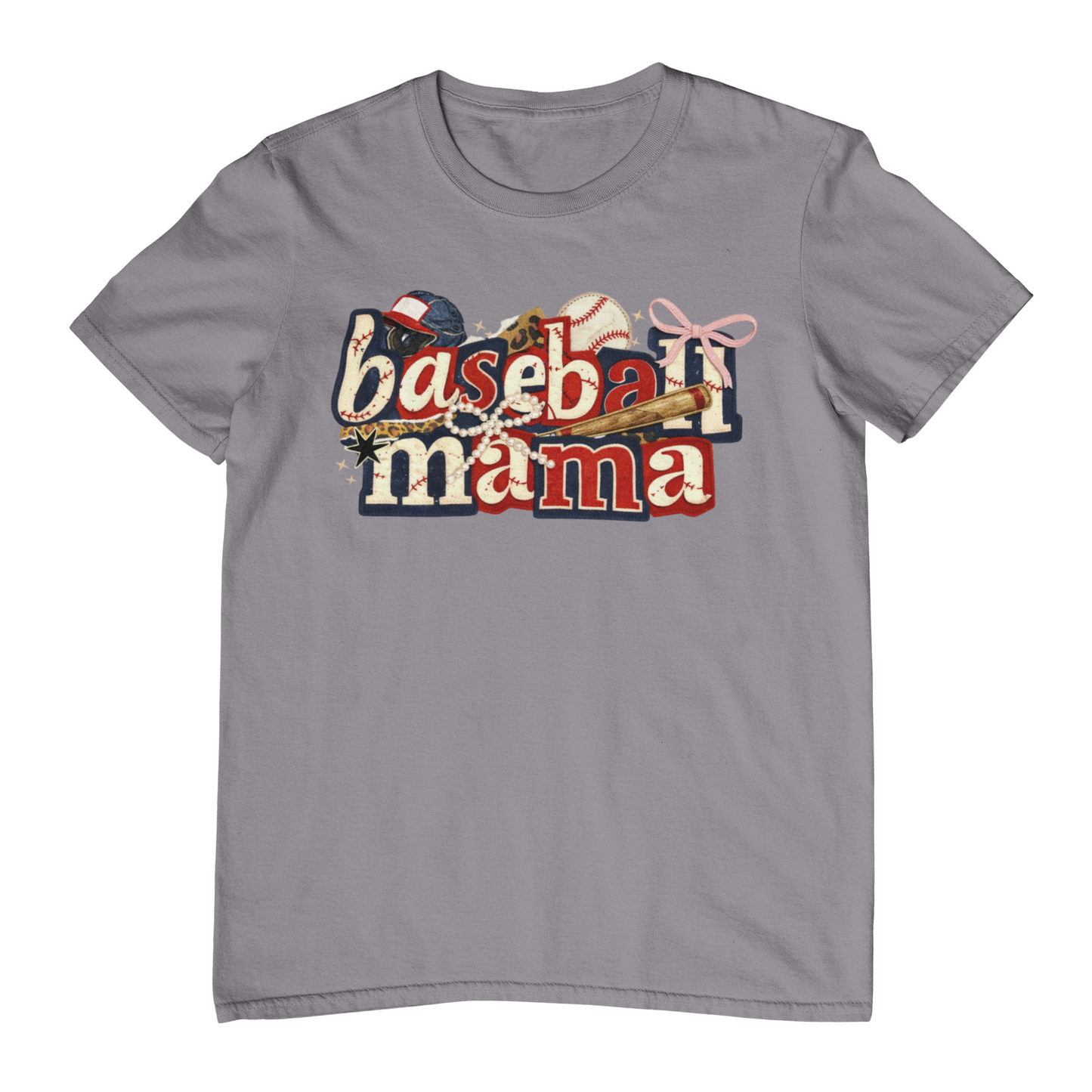 Gray t-shirt with 'baseball mama' graphic design on a white background