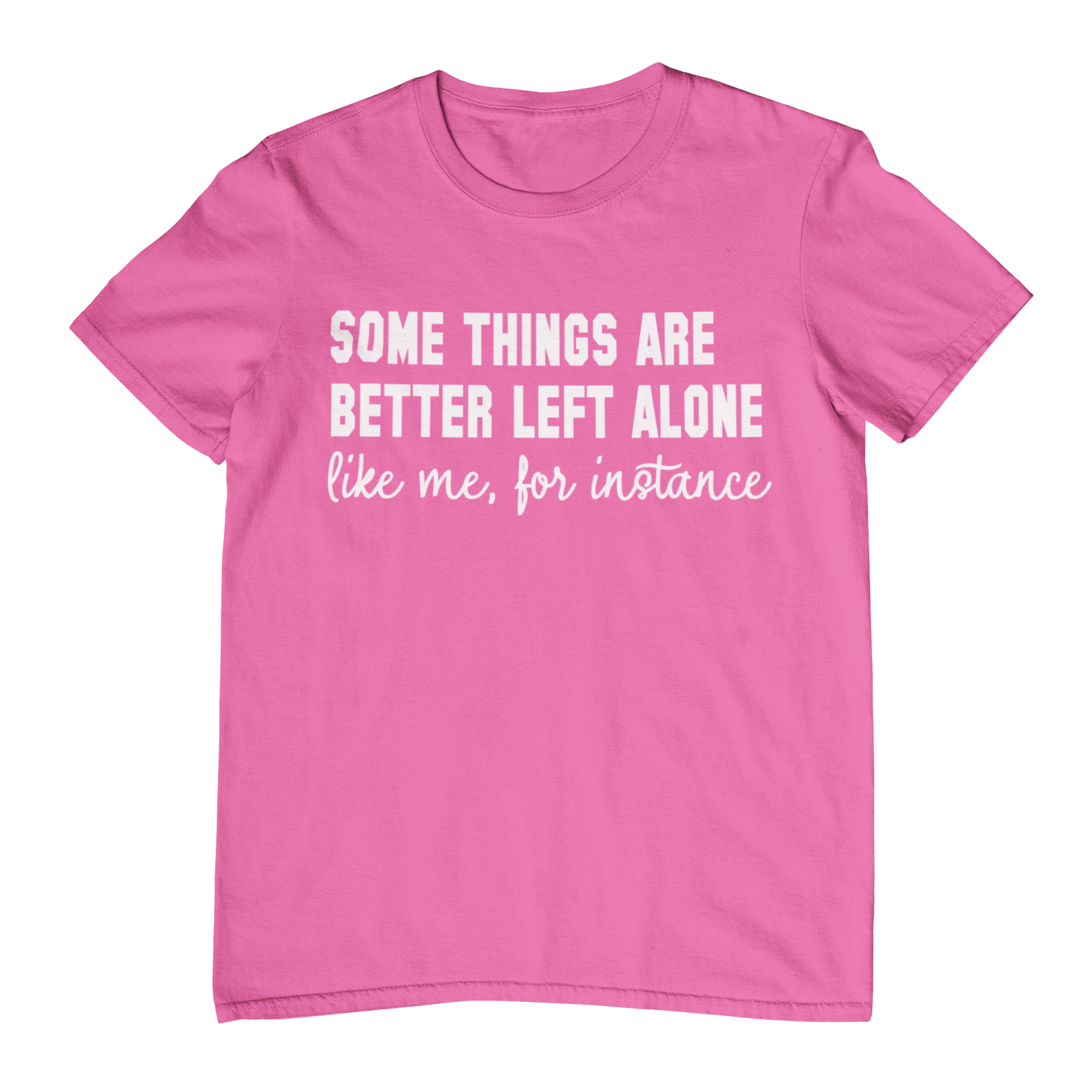 Pink t-shirt with white text on a white background