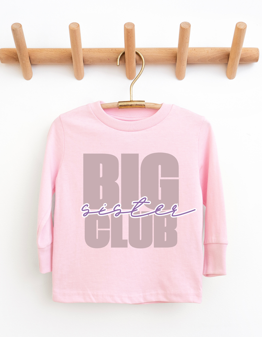 Pink long-sleeve shirt with 'Big Sister Club' text on a wooden hanger against a white background