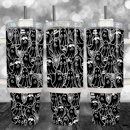 "40oz black Halloween tumbler with funny white ghost pattern and 'Boo Sheet' text, comes with handle, lid, and straw."