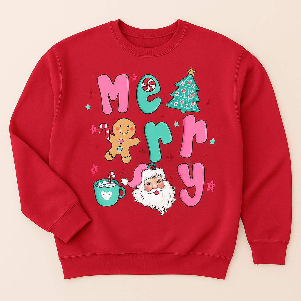 Red sweatshirt with Christmas-themed design on a beige background