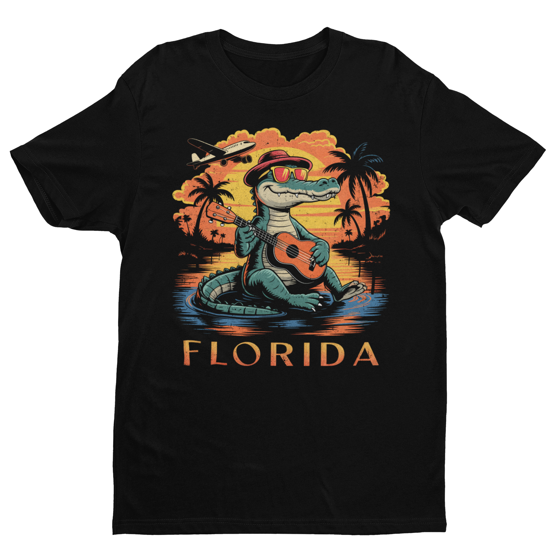 Black t-shirt with a graphic of a crocodile playing guitar and the word 'Florida' on a sunset beach background.