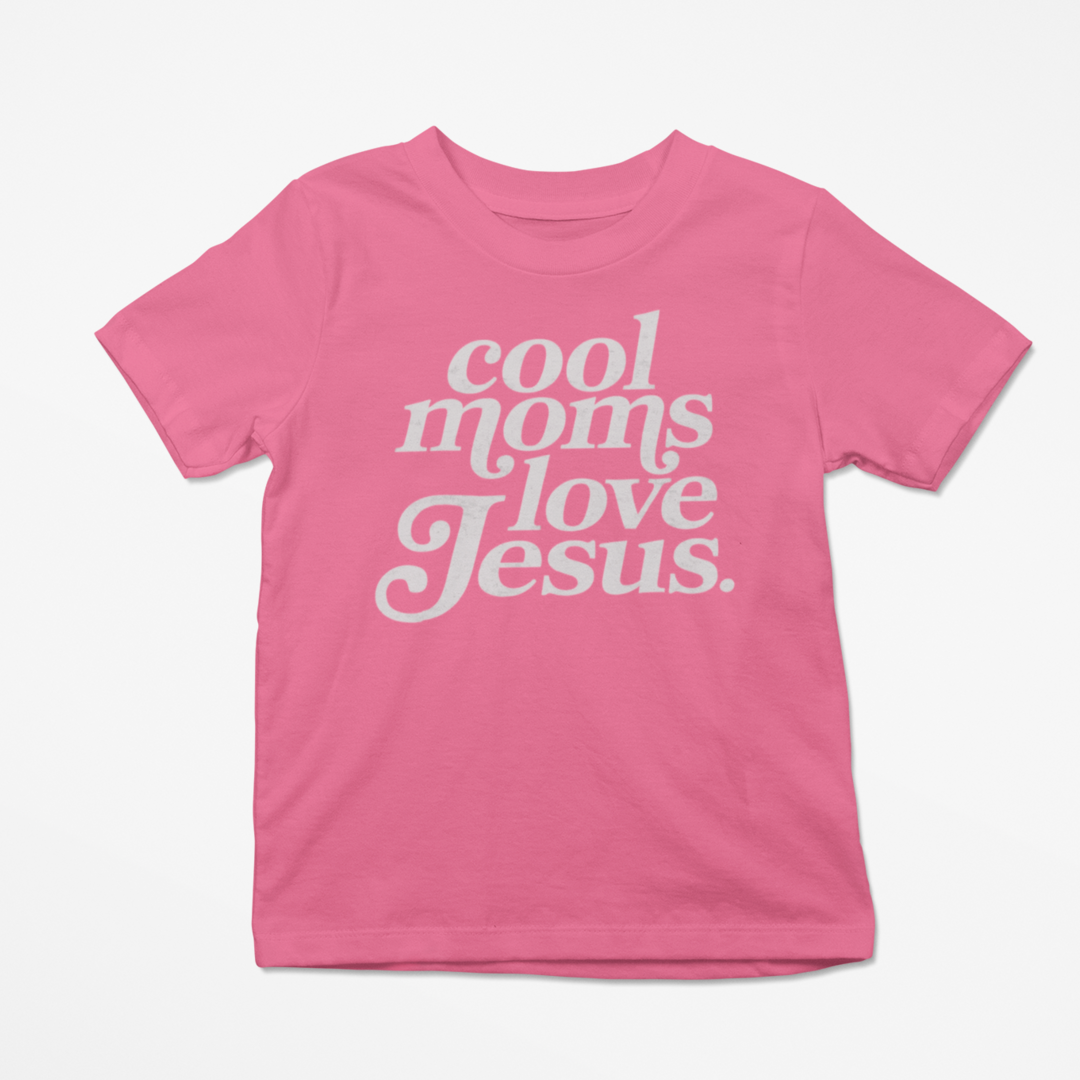Pink t-shirt with 'cool moms love Jesus' text on a white background