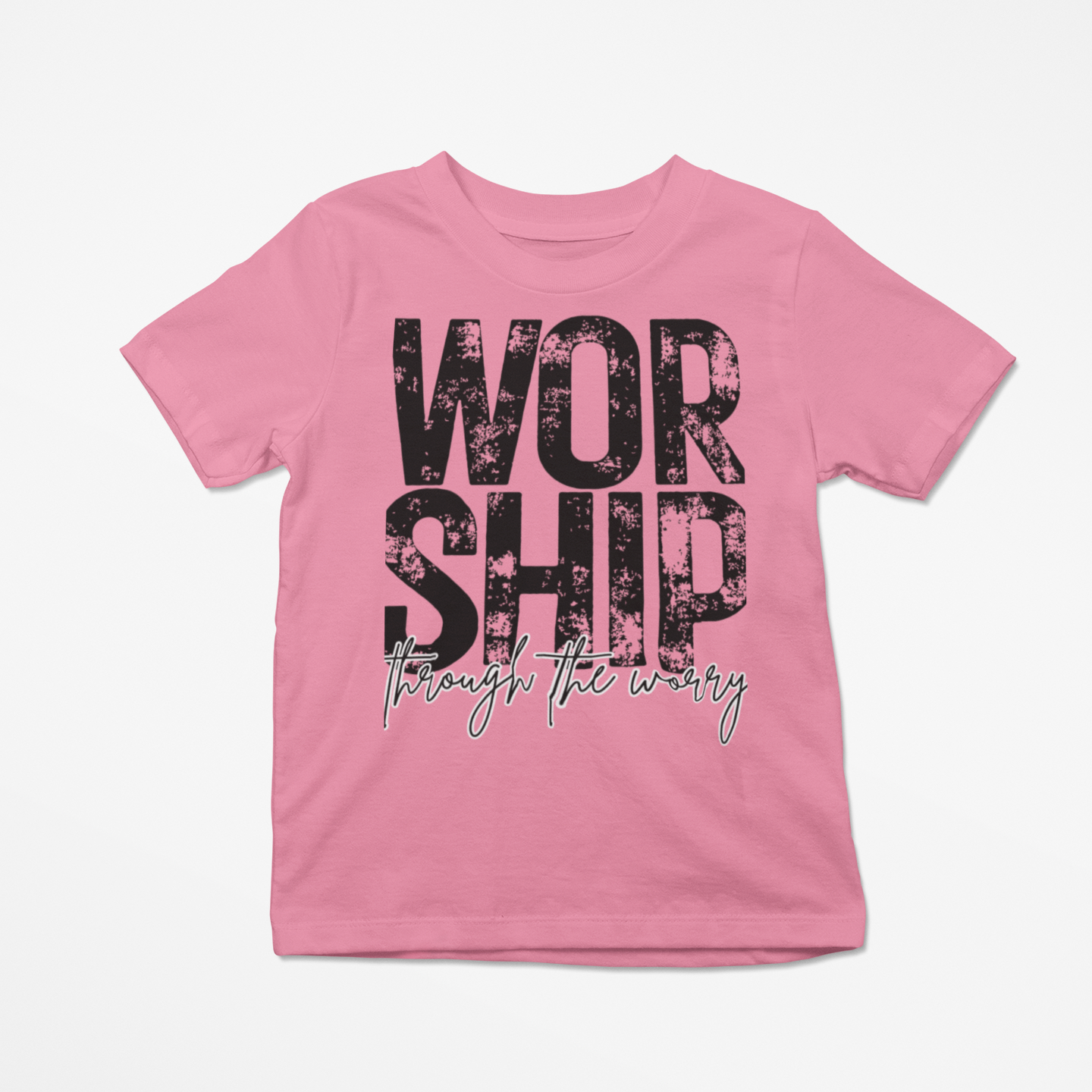 Pink t-shirt with 'Worship through the witness' text on a white background