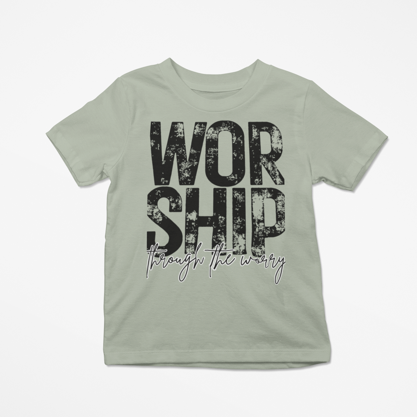 Light green t-shirt with 'WORSHIP through the witness' text on a white background