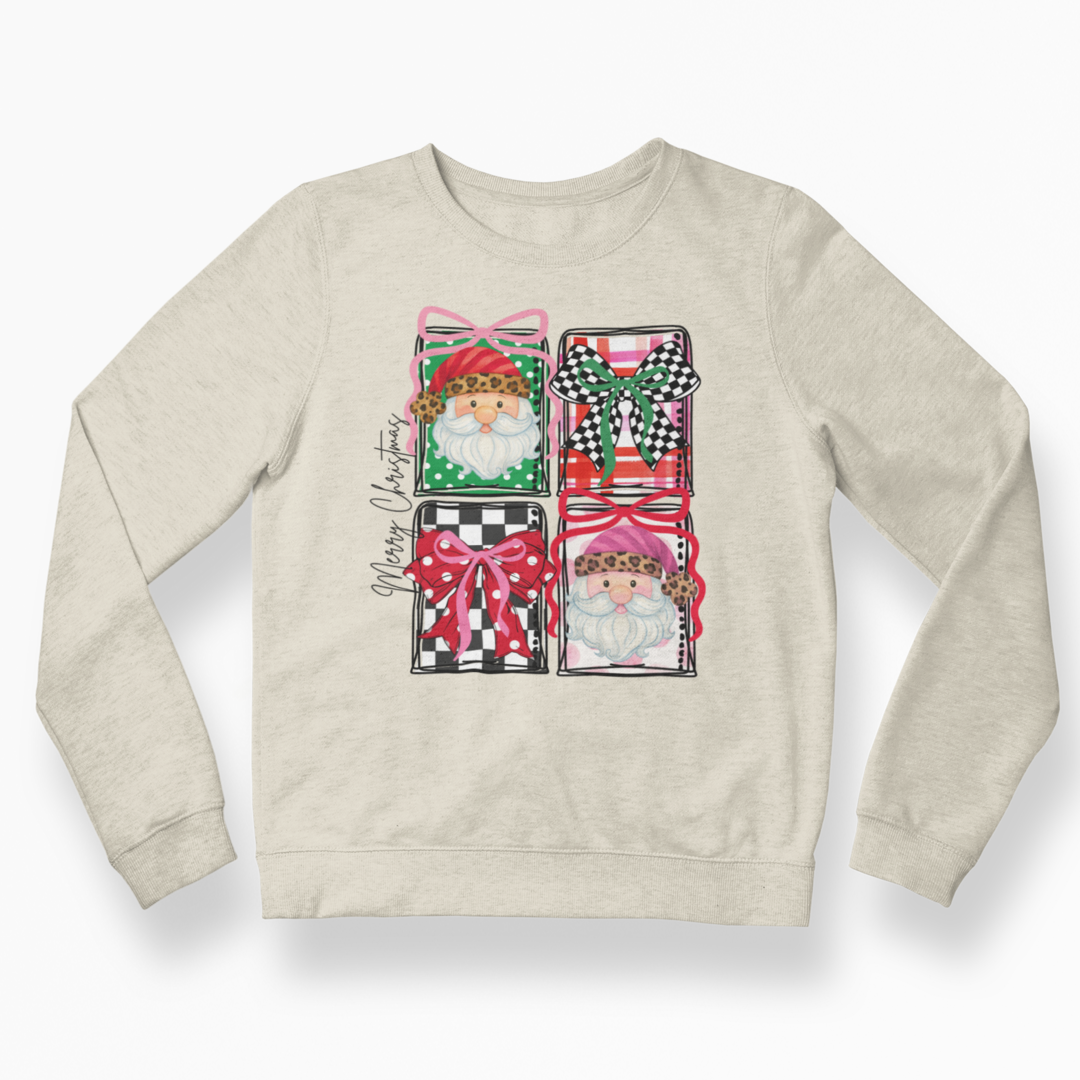 Beige sweatshirt with Christmas-themed design featuring gnomes and bows on a white background