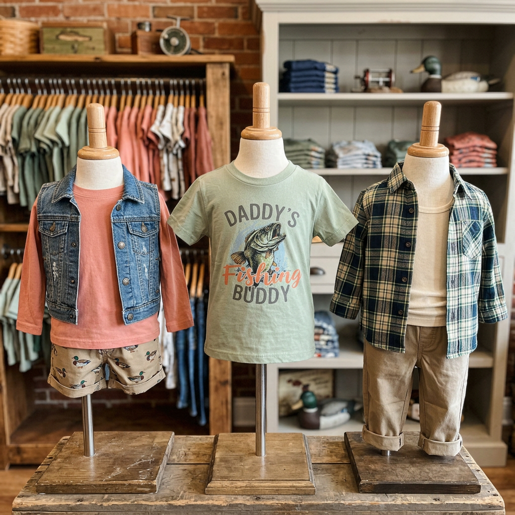 Three mannequins dressed in children's clothing with a store setting in the background.