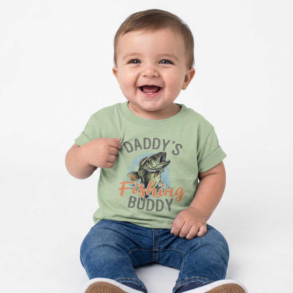 Child wearing a green t-shirt with 'Daddy's Fishing Buddy' text and graphic on a white background
