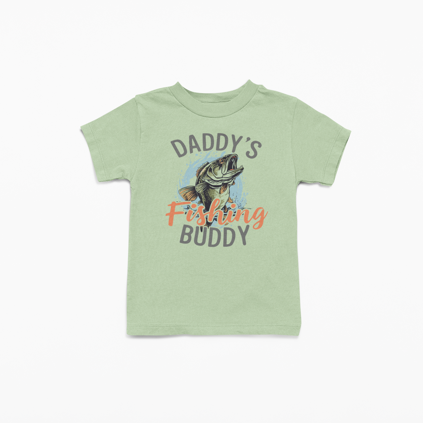 Light green t-shirt with fishing graphic and text on a white background