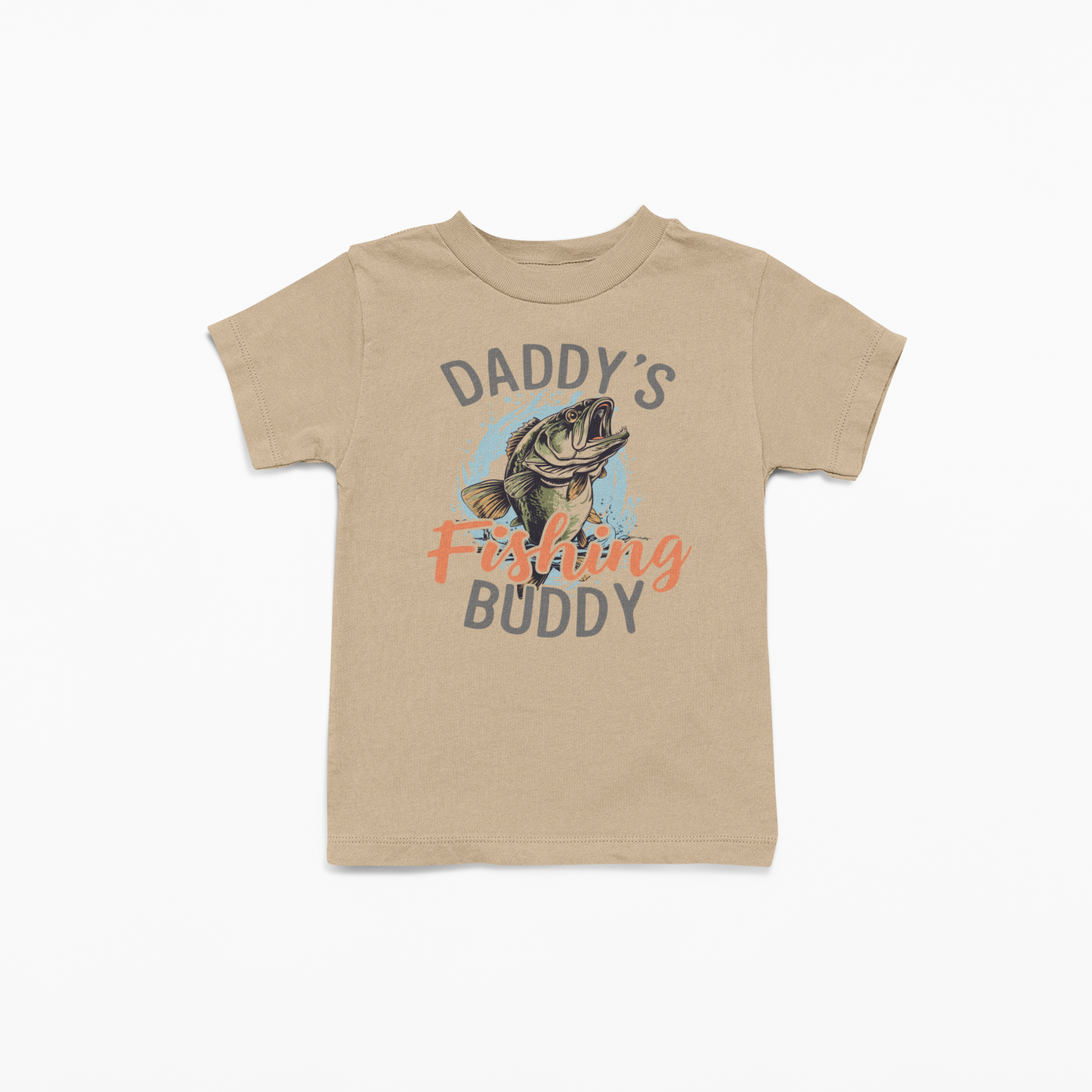 Beige t-shirt with fishing graphic and text on a white background