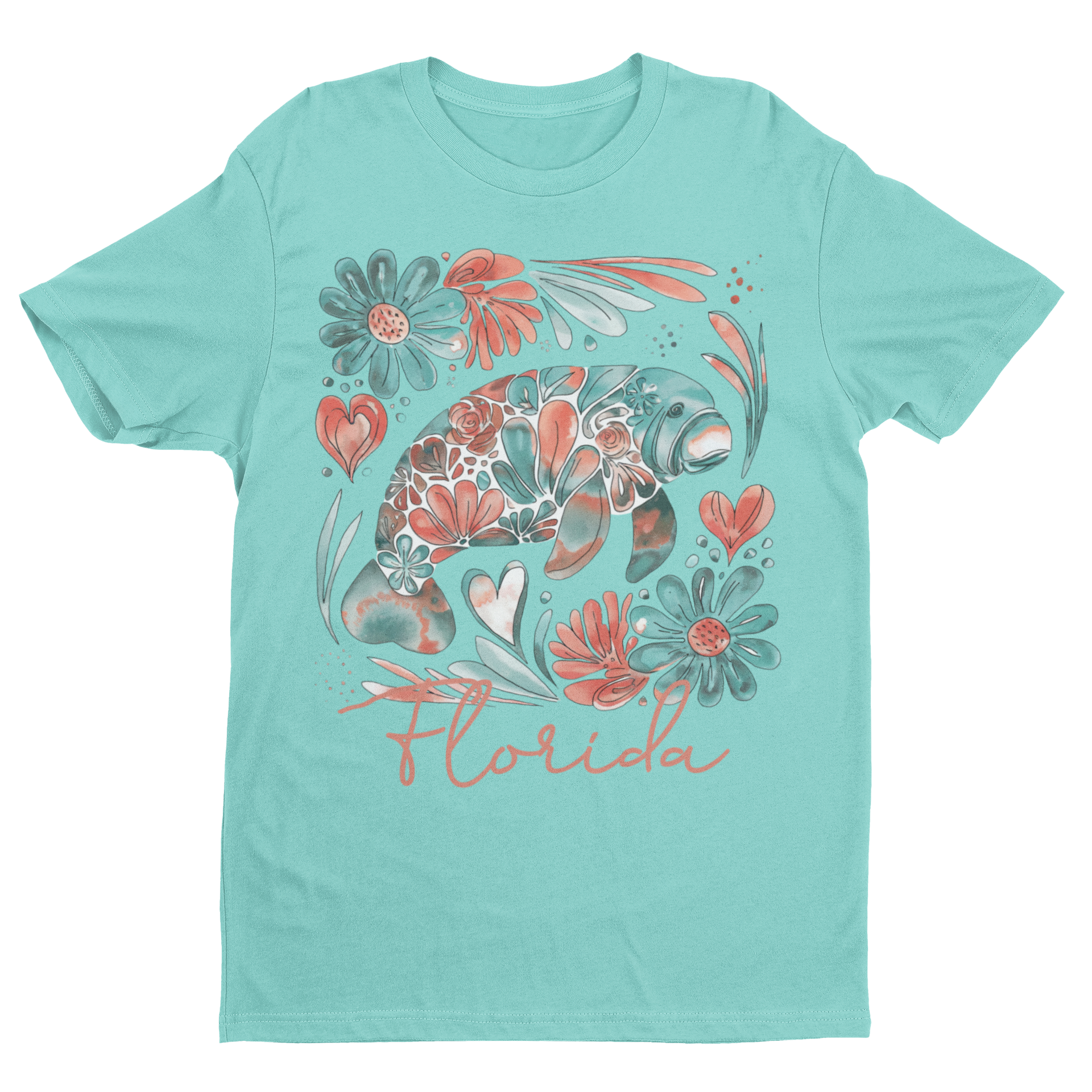 T-shirt with a floral and sea turtle design on a light blue background