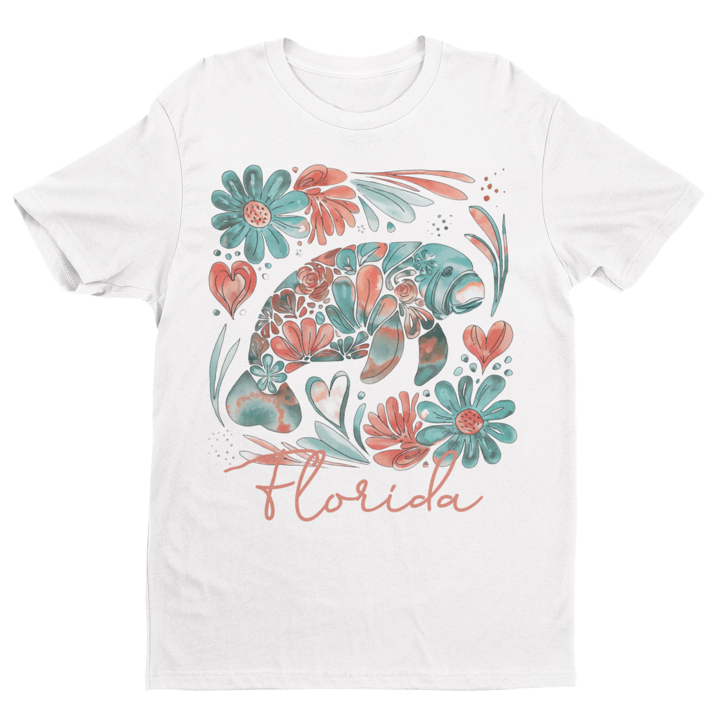 White t-shirt with a colorful design of a manatee and flowers on a white background