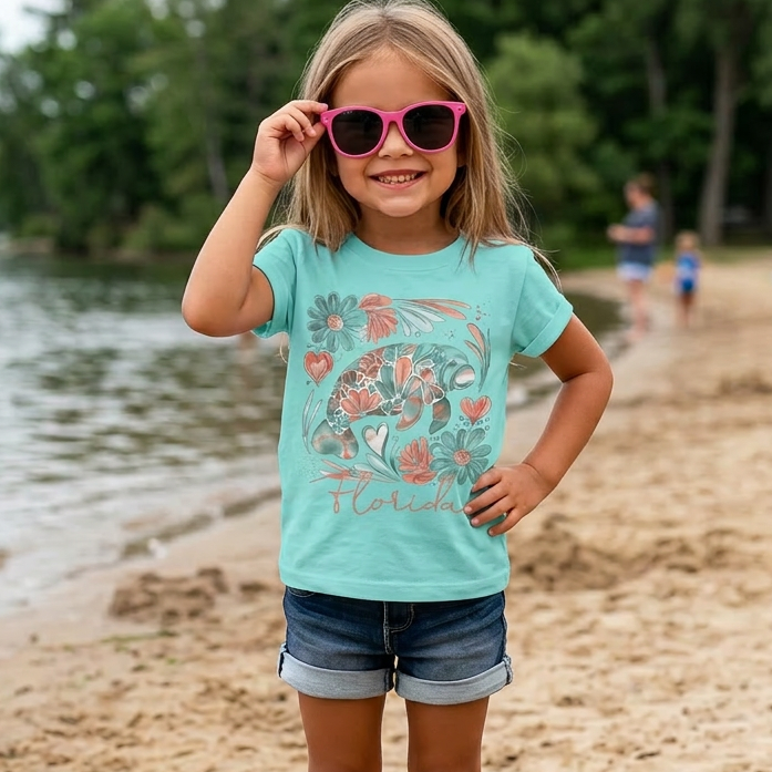 Young girl in a turquoise shirt and sunglasses standing on a sandy beach with water and trees in the background.