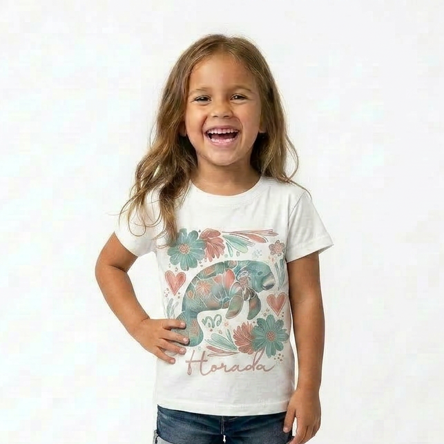 Young girl wearing a white t-shirt with a graphic design and denim shorts on a white background