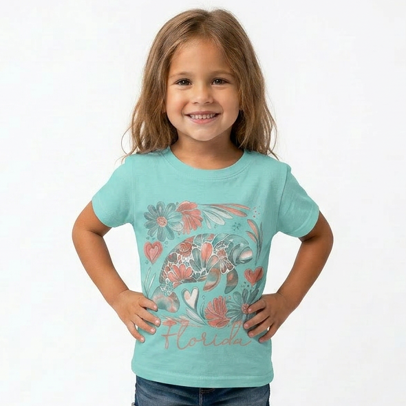 Young girl wearing a light blue t-shirt with a floral design on a white background