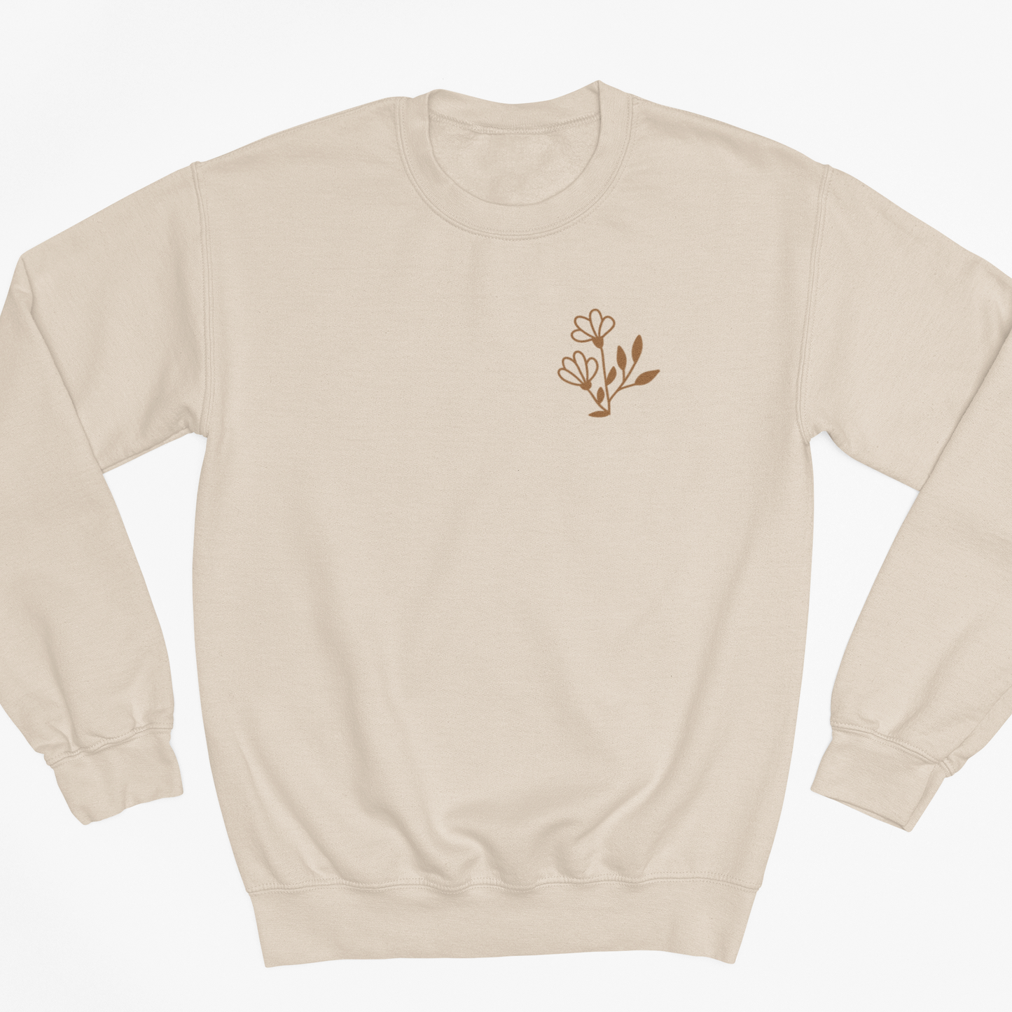 Beige sweatshirt with a small embroidered design on a white background
