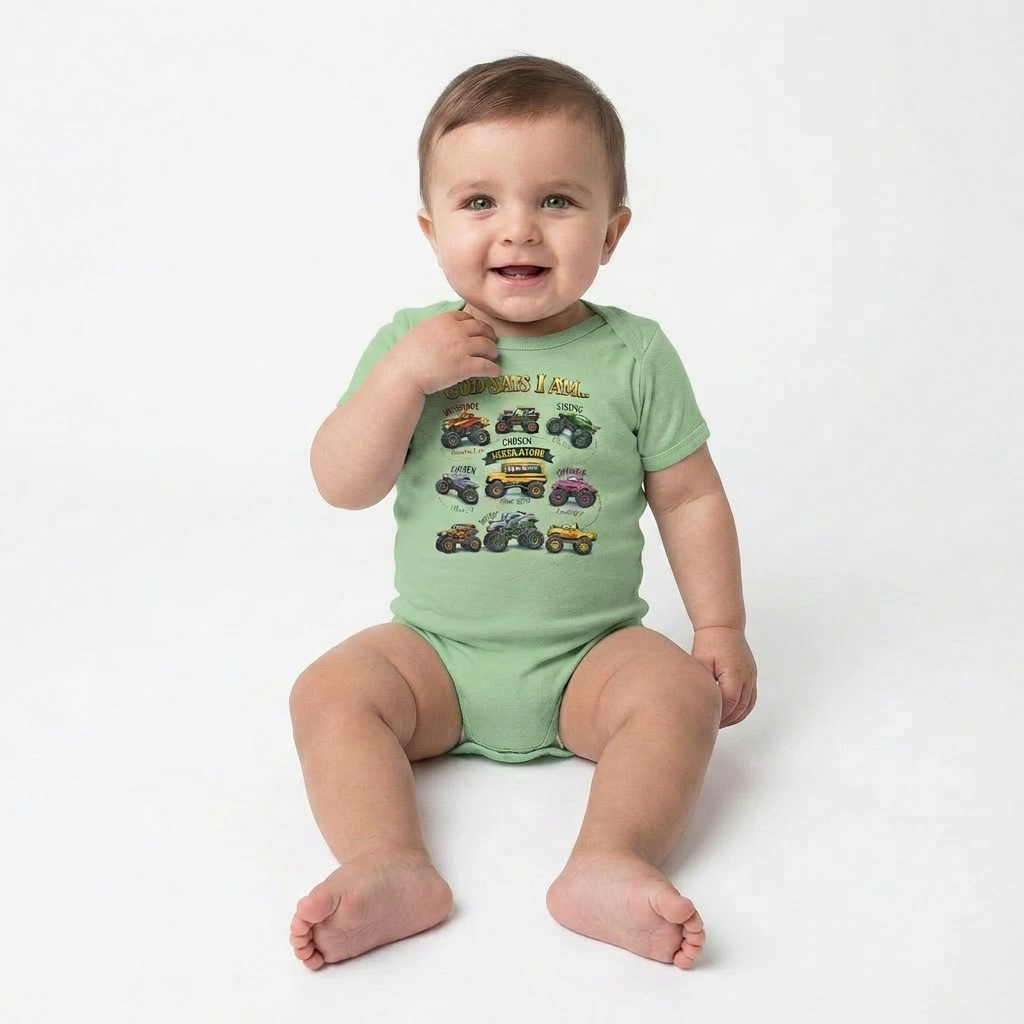 Baby wearing a green onesie with vehicle illustrations on a white background