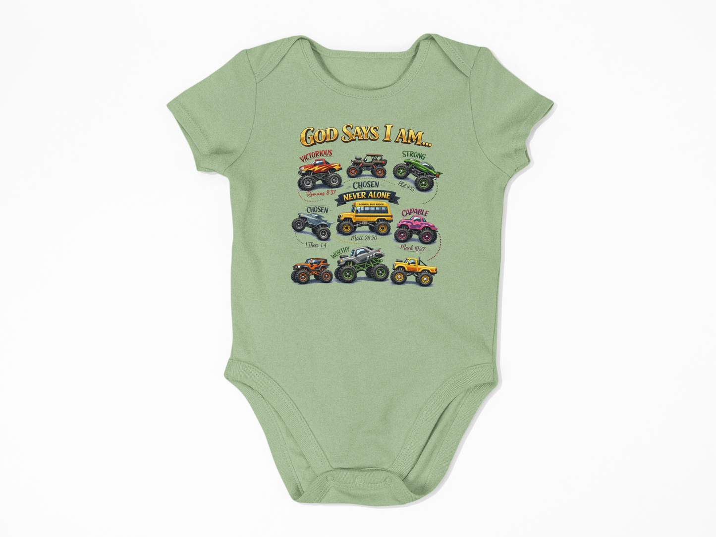 Green baby onesie with monster truck graphics on a white background