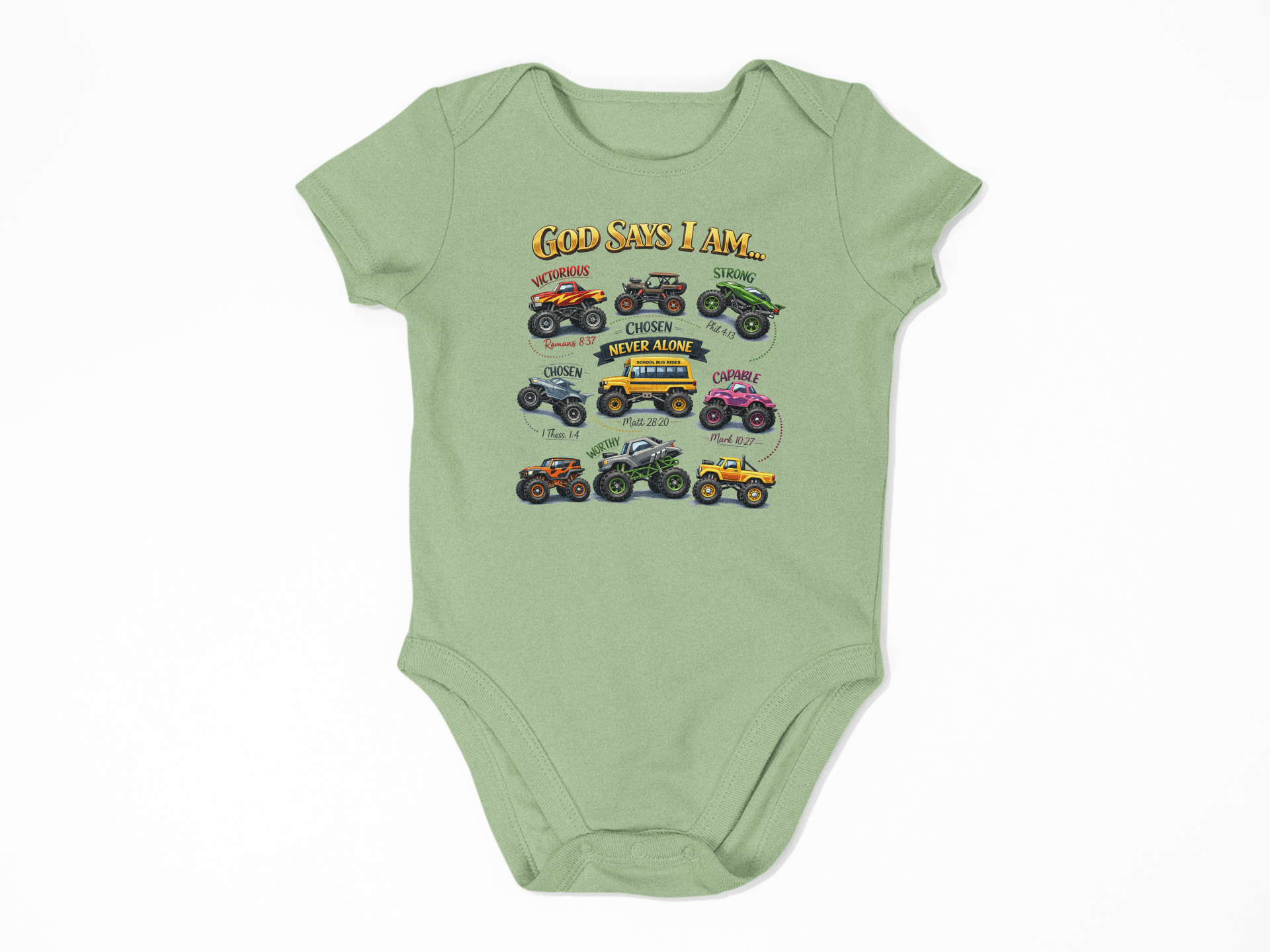 Green baby onesie with monster truck graphics on a white background