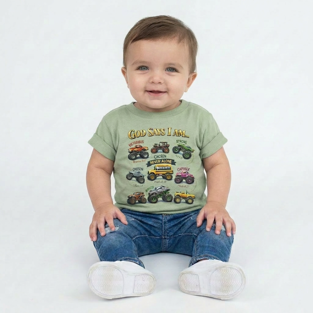 Baby wearing a green t-shirt with monster truck graphics and text on a white background