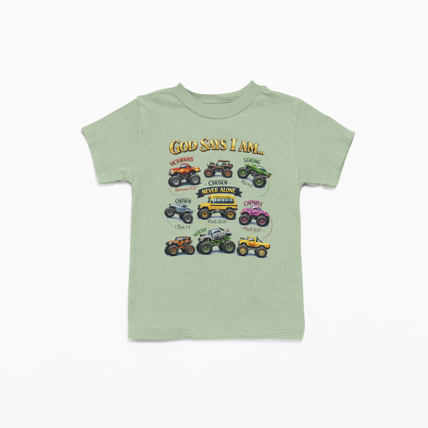 Light green t-shirt with colorful truck graphics on a white background