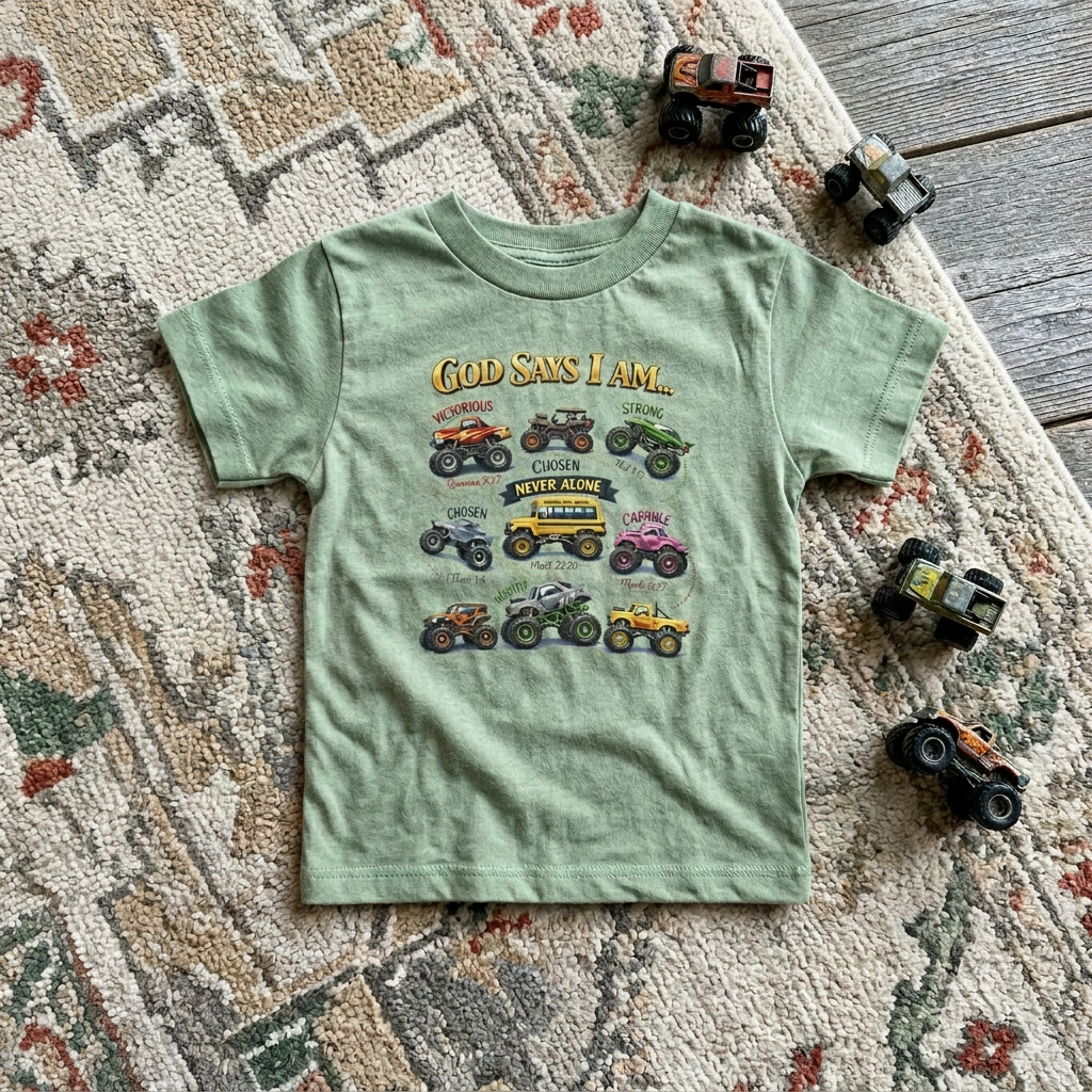 Green t-shirt with monster truck graphics and text on a patterned rug with toy trucks around