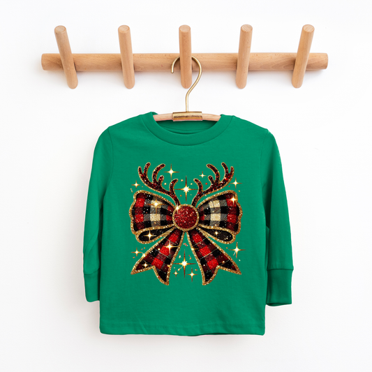 Reindeer Coquette Bow Youth & Toddler Long Sleeve Graphic Tee