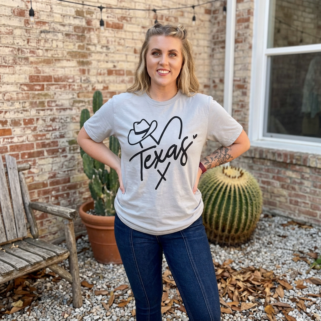 Woman wearing a 'Love Texas' t-shirt standing outdoors in front of a brick wall with cacti.