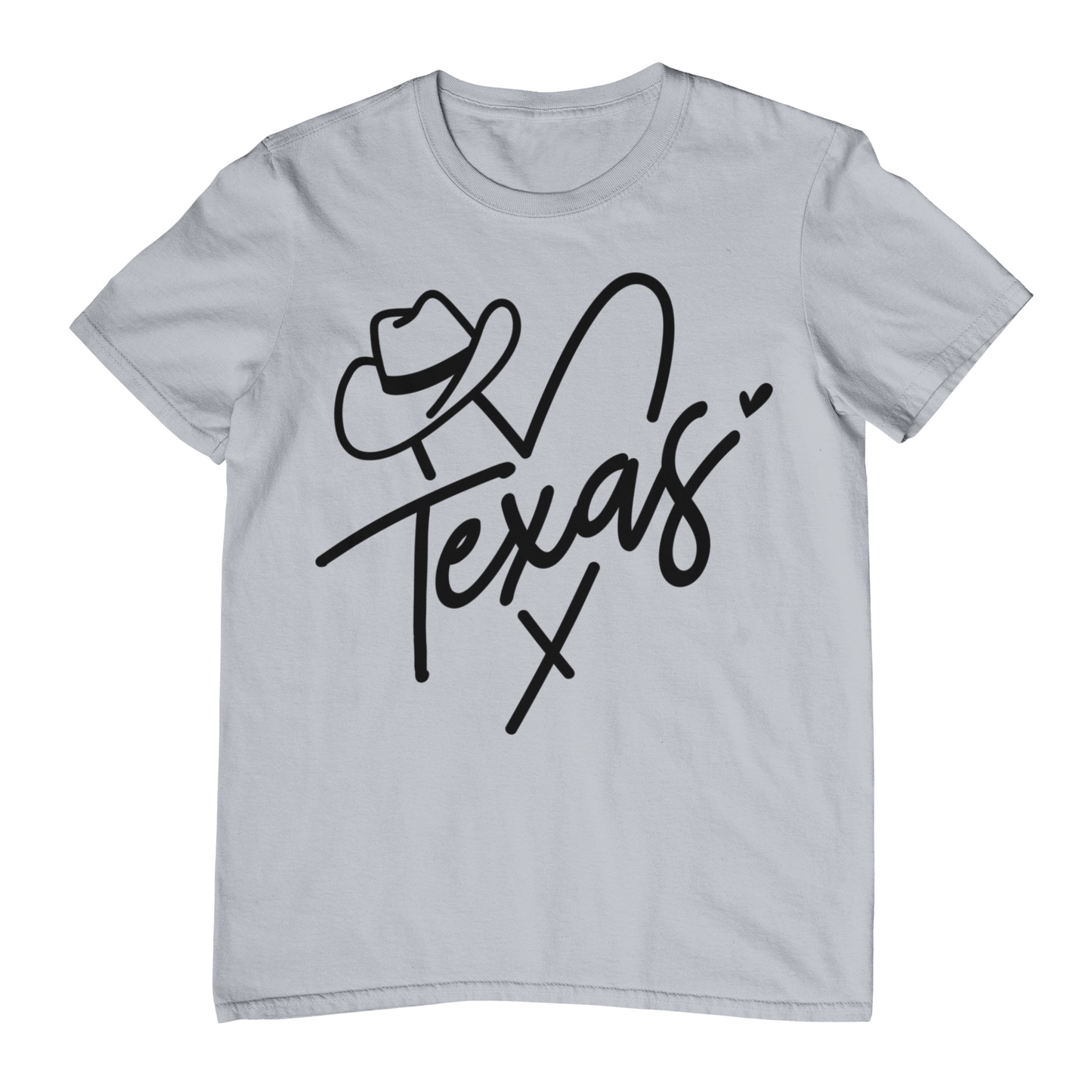 Gray t-shirt with 'I love Texas' design featuring a cowboy hat on a white background