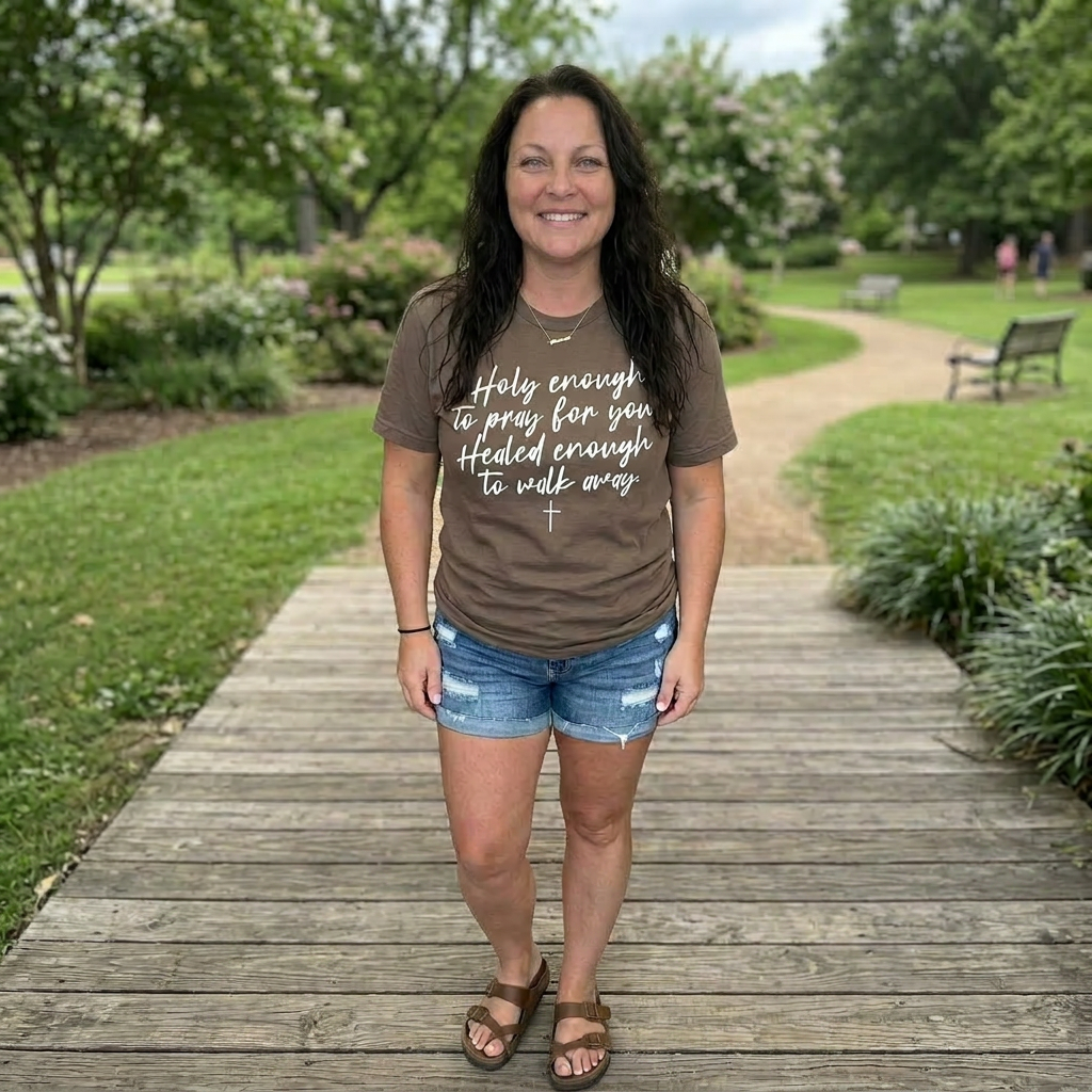 Woman wearing a brown t-shirt with text standing on a wooden path in a park.