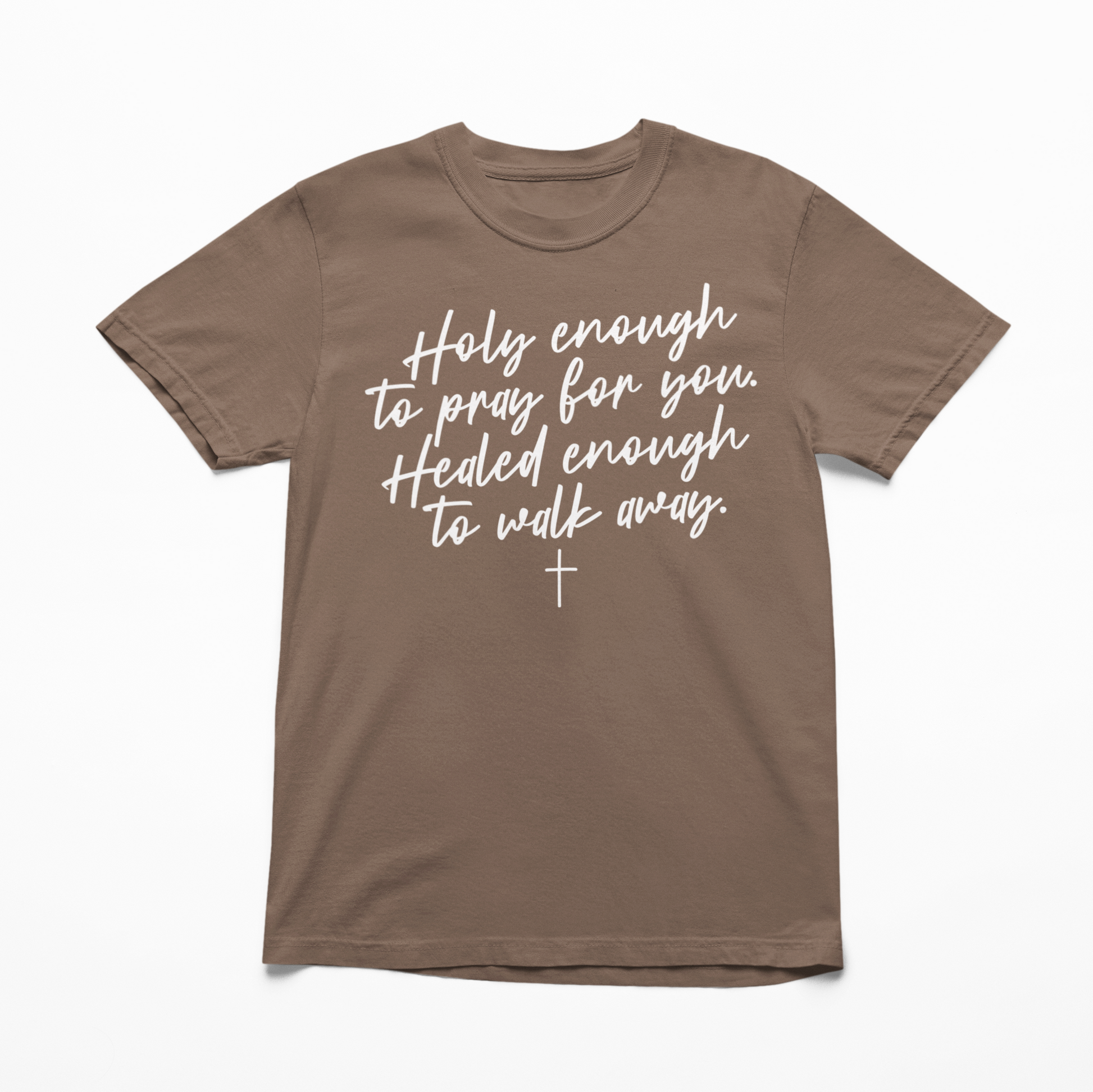 Brown t-shirt with white text and a cross on a white background
