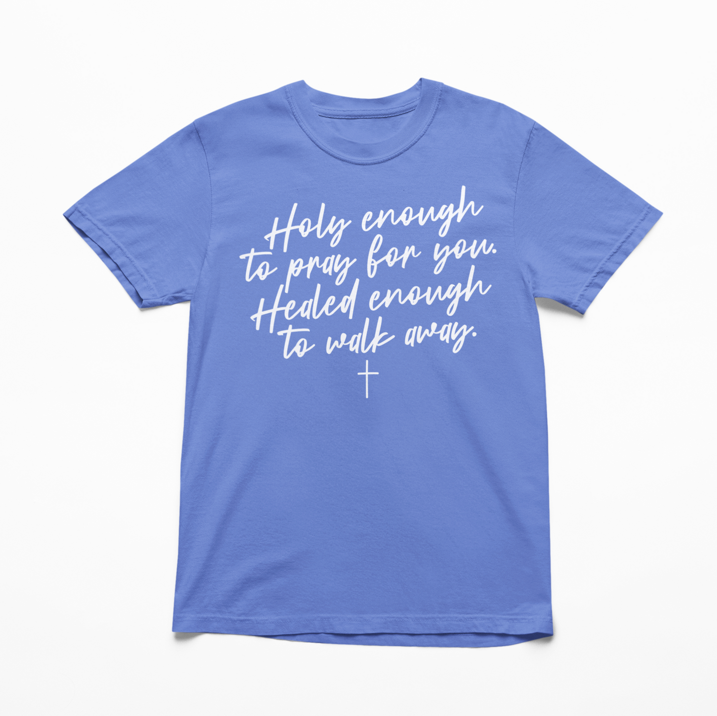 Blue t-shirt with white text on a white background