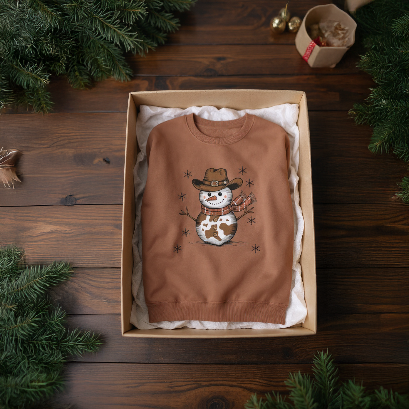 Brown sweatshirt with a snowman design in a box on a wooden surface with Christmas decorations.